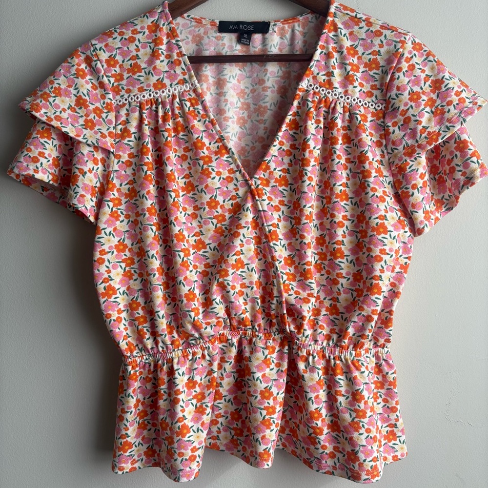 Ava & Rose Floral Ruffleโ Sleeve Peplum Blouse Women XL Cottagecore Top